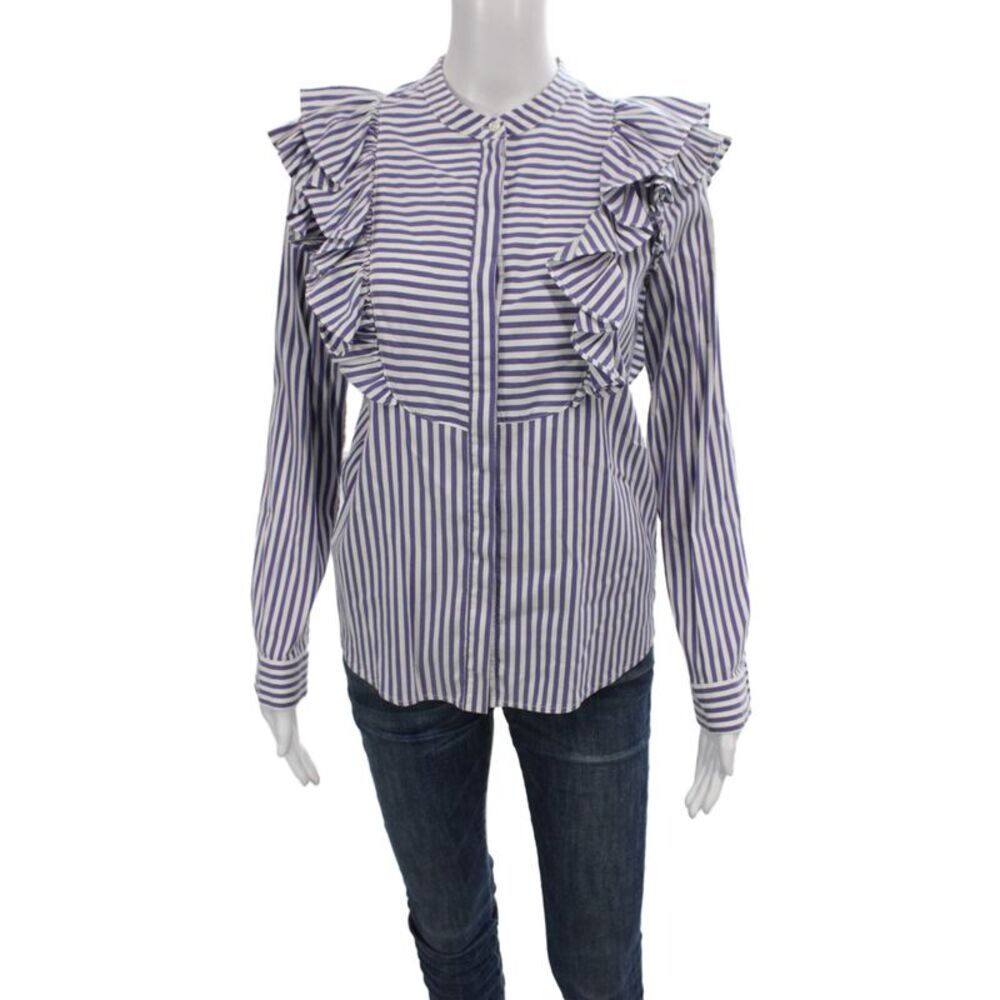 Anine Bing Womens Striped Buttonup Blouse Dark Blue Long Sleeve Size XS